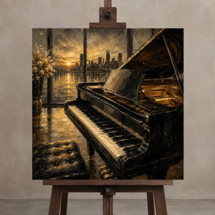 Contemporary Dusk Piano Wall Art Canvas Print shown in Studio Easel