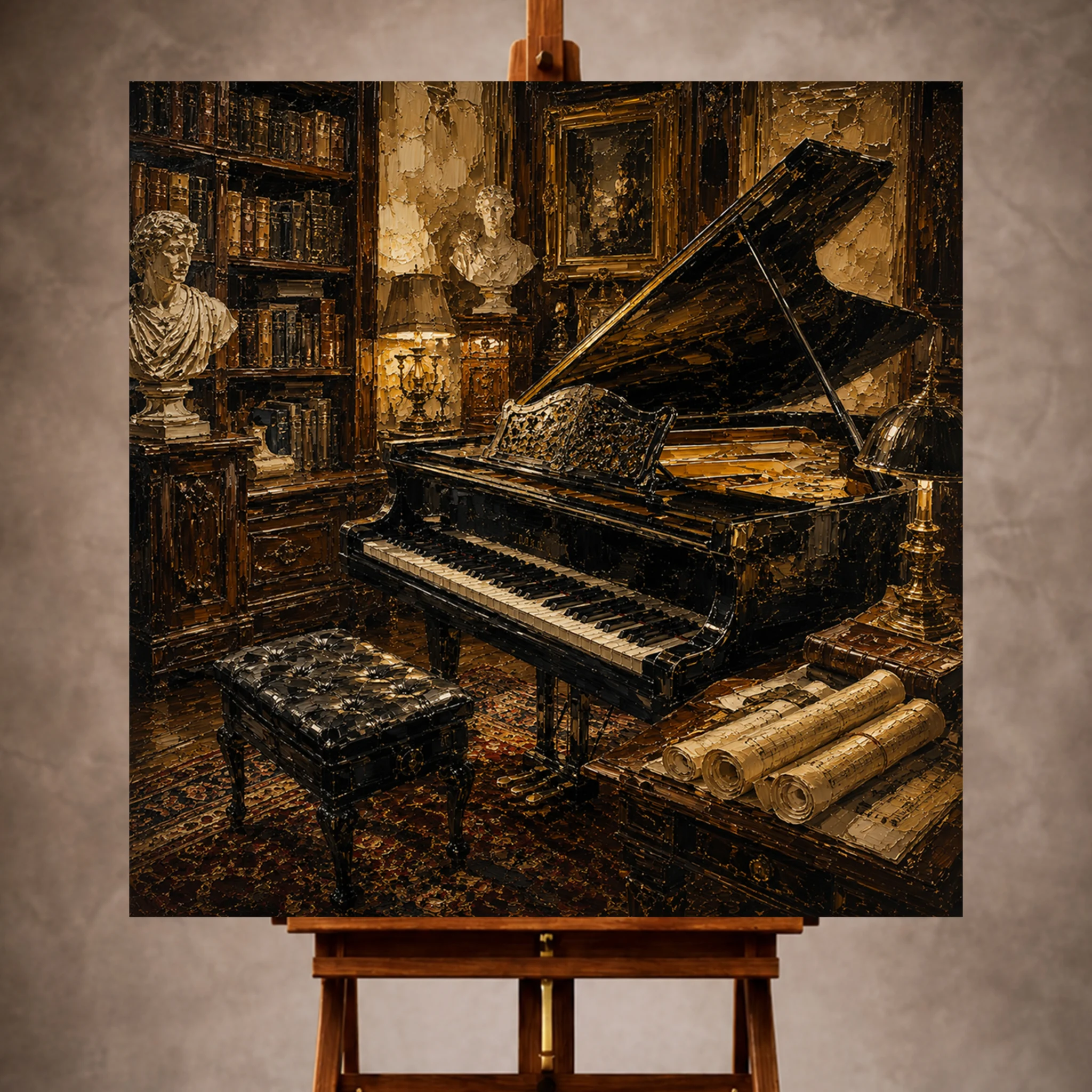 Premium Wall Art Kare Html Edition – Music035 Image 1 Timeless Piano Wall Art print featuring a handcrafted grand piano with carved shelves, classical sculptures, and warm golden lighting for elegant interiors