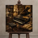 Timeless Music Studio Piano Wall Art Canvas Print displayed on a studio easel