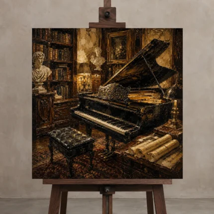 Timeless Music Studio Piano Wall Art Canvas Print displayed on a studio easel