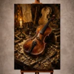 Warm Violin Wall Art print featuring a handcrafted antique violin on an oak workbench with vintage tools and candlelight for elegant interiors