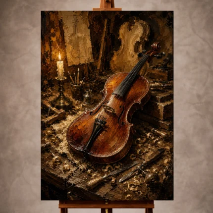 Warm Violin Wall Art print featuring a handcrafted antique violin on an oak workbench with vintage tools and candlelight for elegant interiors