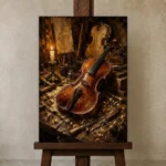 Antique Violin Workshop Wall Art Canvas Print displayed on a studio easel
