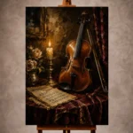 Warm candlelit Violin Wall Art print featuring an elegant violin with antique sheet music and a brass candleholder for sophisticated interiors