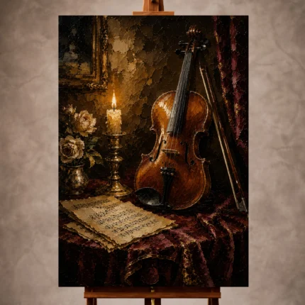 Warm candlelit Violin Wall Art print featuring an elegant violin with antique sheet music and a brass candleholder for sophisticated interiors