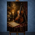 Candlelit Violin Still Life Wall Art Canvas Print - Image 2