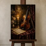 Candlelit Violin Still Life Wall Art Canvas Print displayed on a studio easel