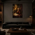 Candlelit Violin Still Life Wall Art Canvas Print shown in a warm modern interior
