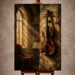 Warm neutral Violin Wall Art print featuring a solitary antique violin suspended against a historic stone wall for elegant interiors
