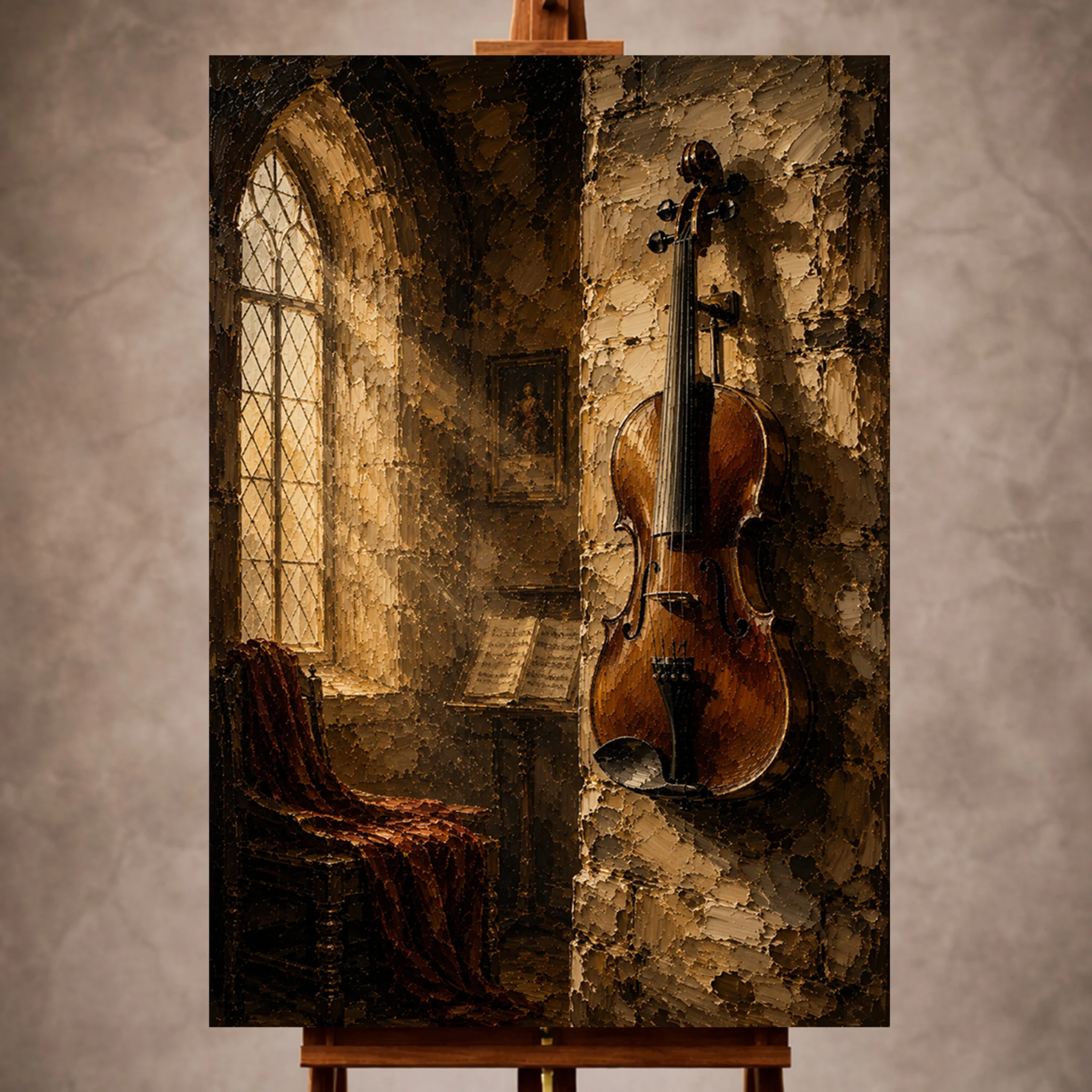 Premium Wall Art Dikey Html Edition – Music038 Image 1 Warm neutral Violin Wall Art print featuring a solitary antique violin suspended against a historic stone wall for elegant interiors
