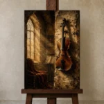 Antique Violin Chamber Wall Art Canvas Print displayed on a studio easel