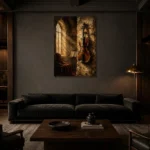 Antique Violin Chamber Wall Art Canvas Print shown in a warm modern interior