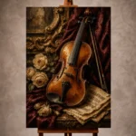 Rich burgundy Violin Wall Art print featuring a magnificent violin on velvet with antique sheet music and ivory roses for elegant interiors