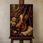 Burgundy Baroque Violin Wall Art Canvas Print displayed on a studio easel