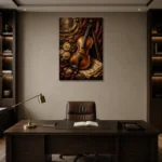 Burgundy Baroque Violin Wall Art Canvas Print displayed in a contemporary gallery-inspired room