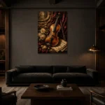 Burgundy Baroque Violin Wall Art Canvas Print shown in a warm modern interior