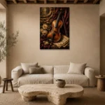 Burgundy Baroque Violin Wall Art Canvas Print presented in a sophisticated home setting