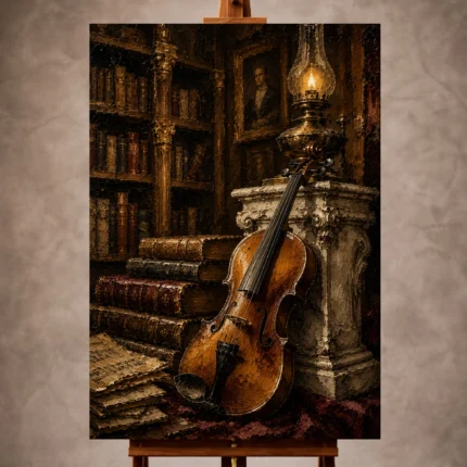 Warm neutral Violin Wall Art print featuring an antique violin beside a marble pedestal with vintage music books in a historic library for elegant interiors
