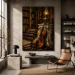 Antique Library Violin Wall Art Canvas Print - Image 3