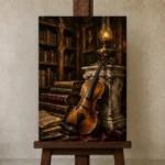 Antique Library Violin Wall Art Canvas Print displayed on a studio easel