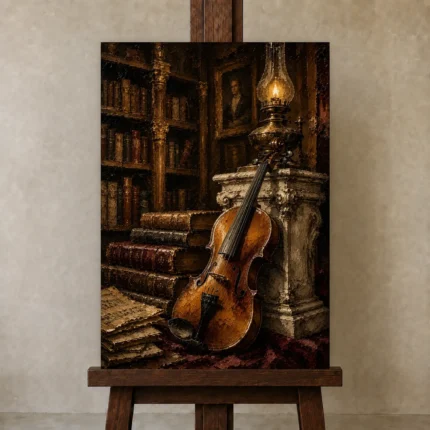 Antique Library Violin Wall Art Canvas Print shown in Studio Easel