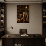 Antique Library Violin Wall Art Canvas Print displayed in a contemporary gallery-inspired room
