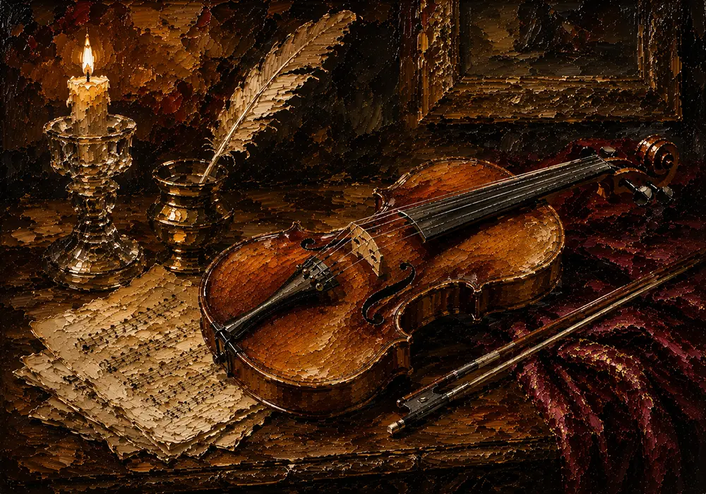 Walnut Table Violin Still Life Wall Art Canvas Print