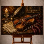 Warm classical Violin Wall Art print featuring an antique violin on a walnut table with vintage sheet music, feather quill, and crystal candleholder for elegant interiors