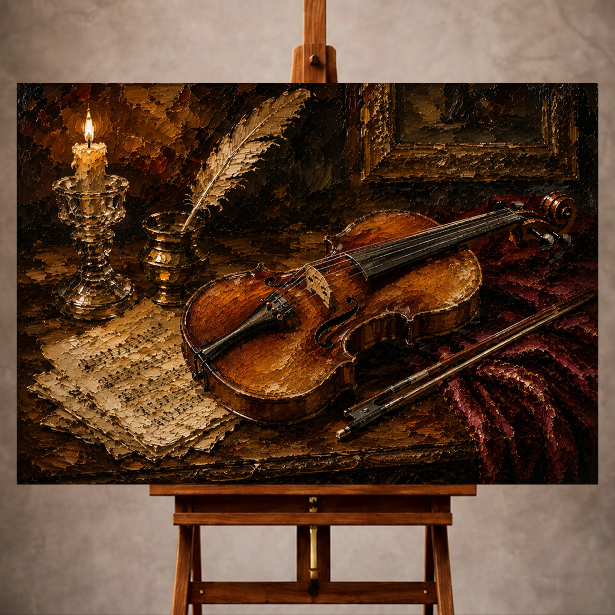 Premium Wall Art Yatay Html Edition – Music041 Image 1 Warm classical Violin Wall Art print featuring an antique violin on a walnut table with vintage sheet music, feather quill, and crystal candleholder for elegant interiors