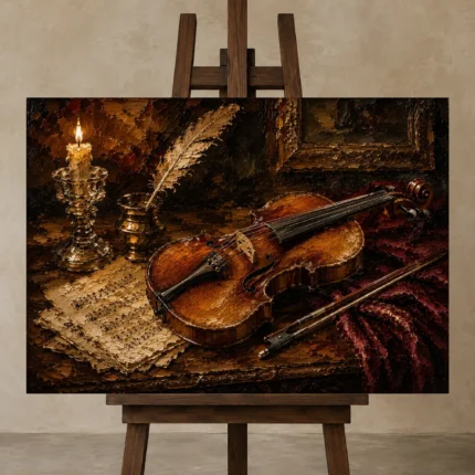 Walnut Table Violin Still Life Wall Art Canvas Print displayed on a studio easel