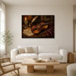 Walnut Table Violin Still Life Wall Art Canvas Print styled in a refined neutral interior