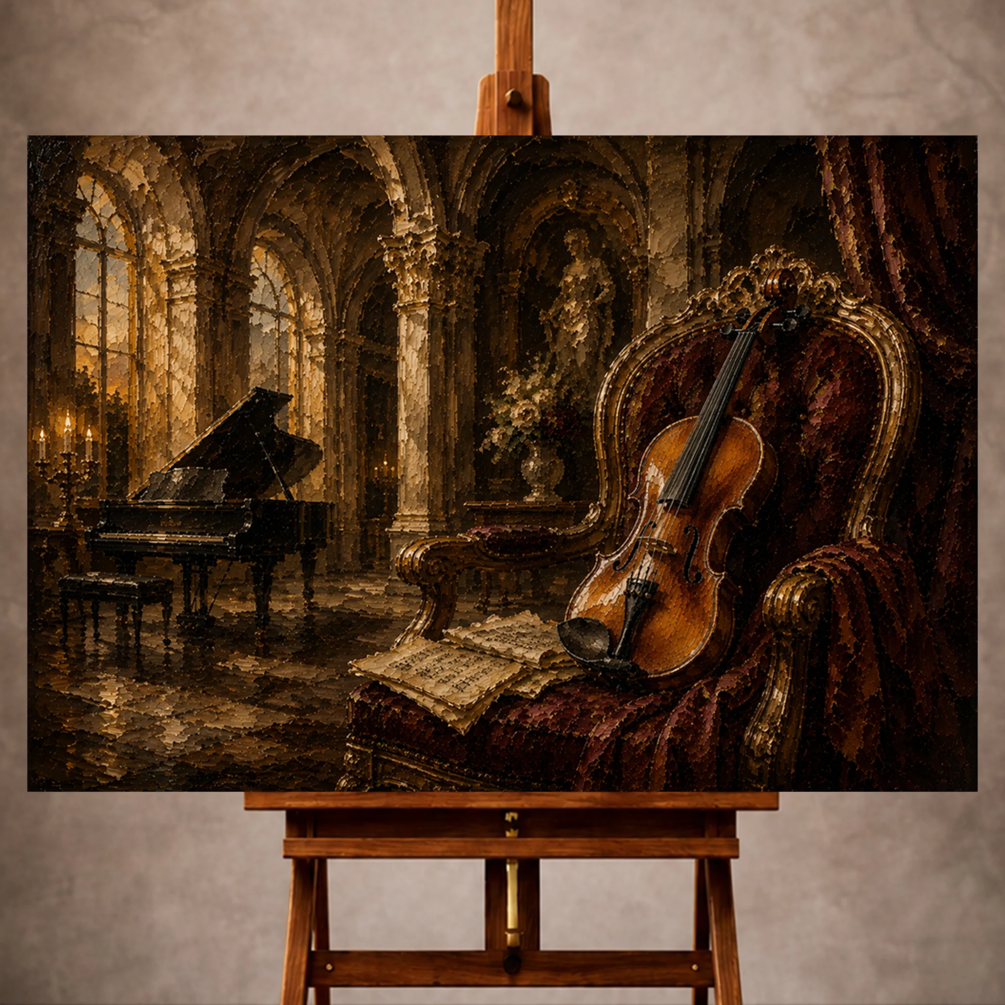 Premium Wall Art Yatay Html Edition – Music042 Image 1 Warm elegant Violin Wall Art print featuring a handcrafted violin on a velvet chair beneath Baroque stone arches for refined interiors