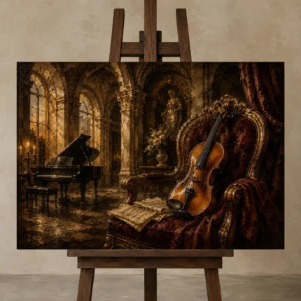 Baroque Recital Chamber Violin Wall Art Canvas Print shown in Studio Easel