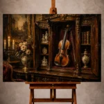 Rich classic Violin Wall Art print featuring an antique violin displayed in a mahogany collector's cabinet with porcelain sculptures and vintage music books for elegant interiors