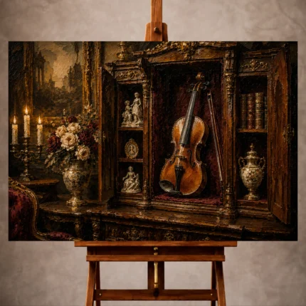 Rich classic Violin Wall Art print featuring an antique violin displayed in a mahogany collector's cabinet with porcelain sculptures and vintage music books for elegant interiors