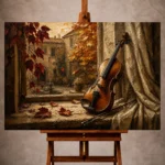 Warm autumn Violin Wall Art print featuring an antique violin on a stone windowsill overlooking a peaceful courtyard with crimson leaves for elegant interiors