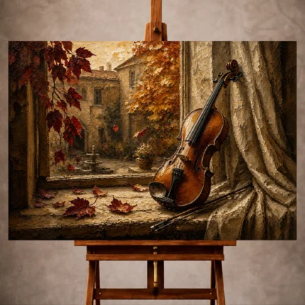 Warm autumn Violin Wall Art print featuring an antique violin on a stone windowsill overlooking a peaceful courtyard with crimson leaves for elegant interiors