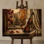 Autumn Courtyard Violin Wall Art Canvas Print displayed on a studio easel