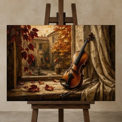 Autumn Courtyard Violin Wall Art Canvas Print shown in Studio Easel