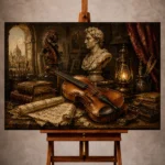 Warm classical Violin Wall Art print featuring an antique violin with a cello scroll, marble bust, musical manuscripts, and an oil lantern for elegant interiors