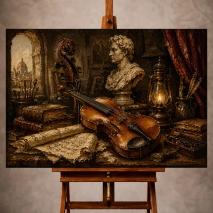 Warm classical Violin Wall Art print featuring an antique violin with a cello scroll, marble bust, musical manuscripts, and an oil lantern for elegant interiors