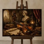 Old Master’s Studio Violin Wall Art Canvas Print displayed on a studio easel