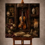 Warm elegant Violin Wall Art print featuring an antique violin displayed in a collector's cabinet with walnut shelves, porcelain vessels, and candlelight for refined interiors