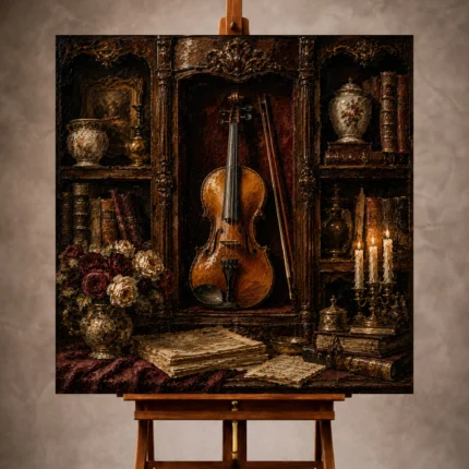 Warm elegant Violin Wall Art print featuring an antique violin displayed in a collector's cabinet with walnut shelves, porcelain vessels, and candlelight for refined interiors
