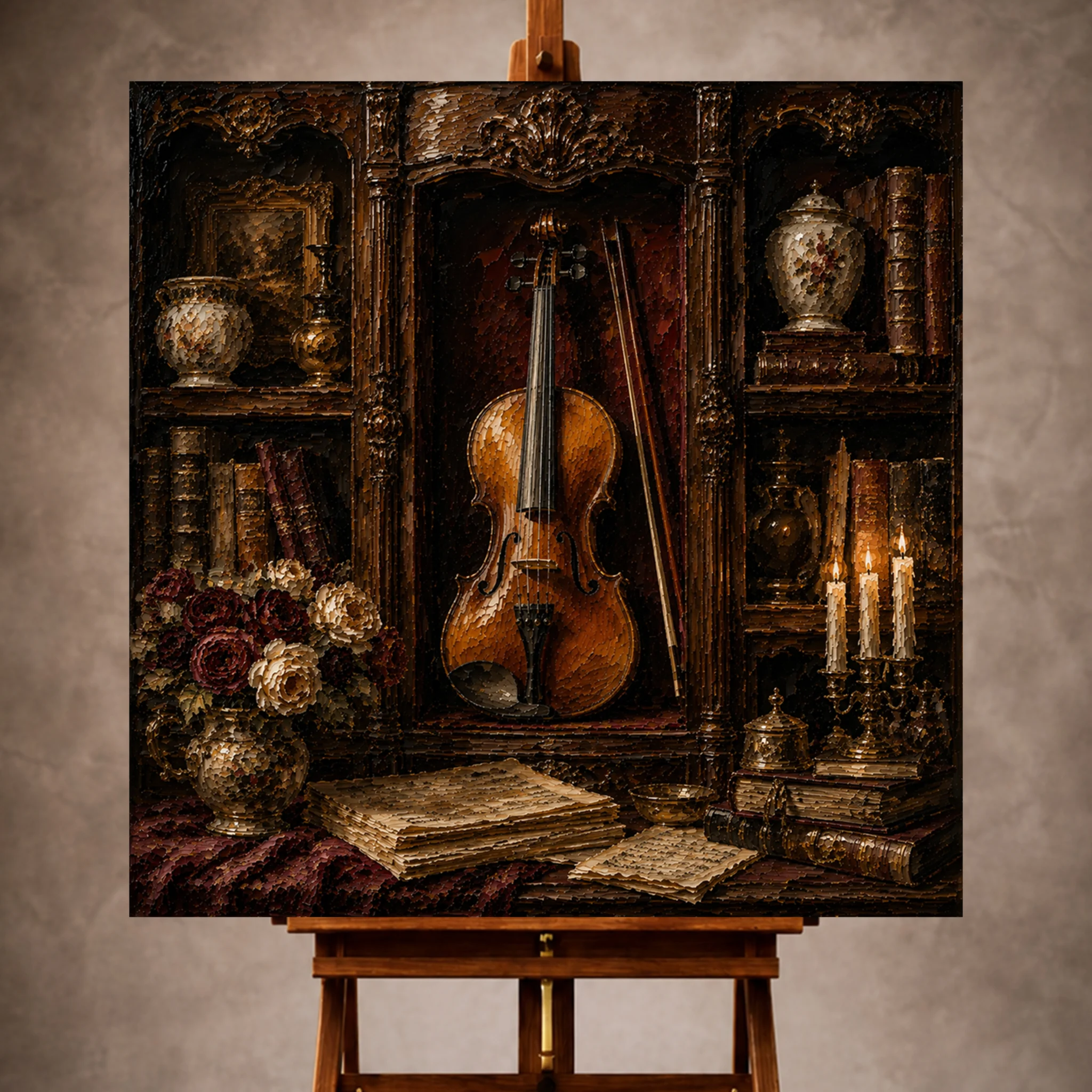 Premium Wall Art Kare Html Edition – Music046 Image 1 Warm elegant Violin Wall Art print featuring an antique violin displayed in a collector's cabinet with walnut shelves, porcelain vessels, and candlelight for refined interiors