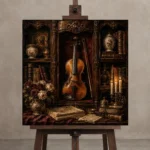 Collector’s Cabinet Violin Wall Art Canvas Print displayed on a studio easel