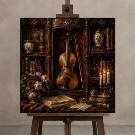 Collector’s Cabinet Violin Wall Art Canvas Print shown in Studio Easel
