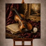 Rich burgundy Violin Wall Art print featuring a handcrafted violin on velvet with antique sheet music, a gilded frame, and a silver pocket watch for elegant interiors