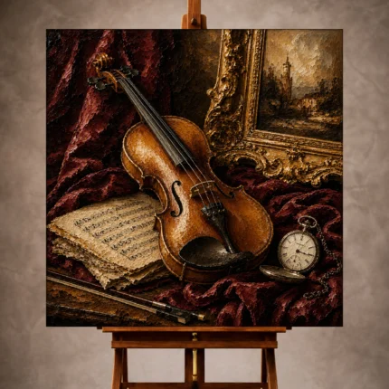 Rich burgundy Violin Wall Art print featuring a handcrafted violin on velvet with antique sheet music, a gilded frame, and a silver pocket watch for elegant interiors
