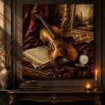 Burgundy Velvet Violin Still Life Wall Art Canvas Print - Image 4